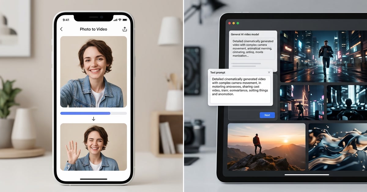 Split visual: left side shows a simple phone interface turning a selfie into a short stylized video with clear face consistency; right side shows a complex prompt interface for a general AI video model producing cinematic motion with more creative freedom but less identity lock