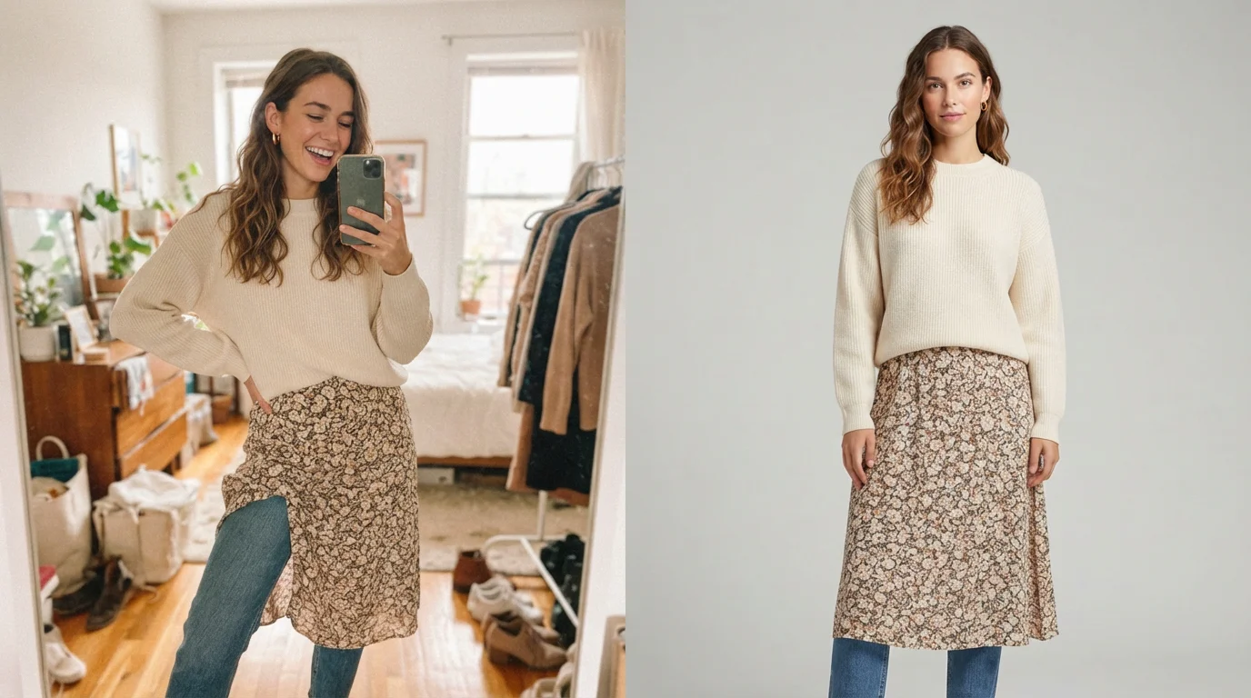 Split-composition photograph: left side shows a casual phone selfie of a person trying different outfits, right side shows a clean studio product shot of the same clothing on a model, soft natural lighting