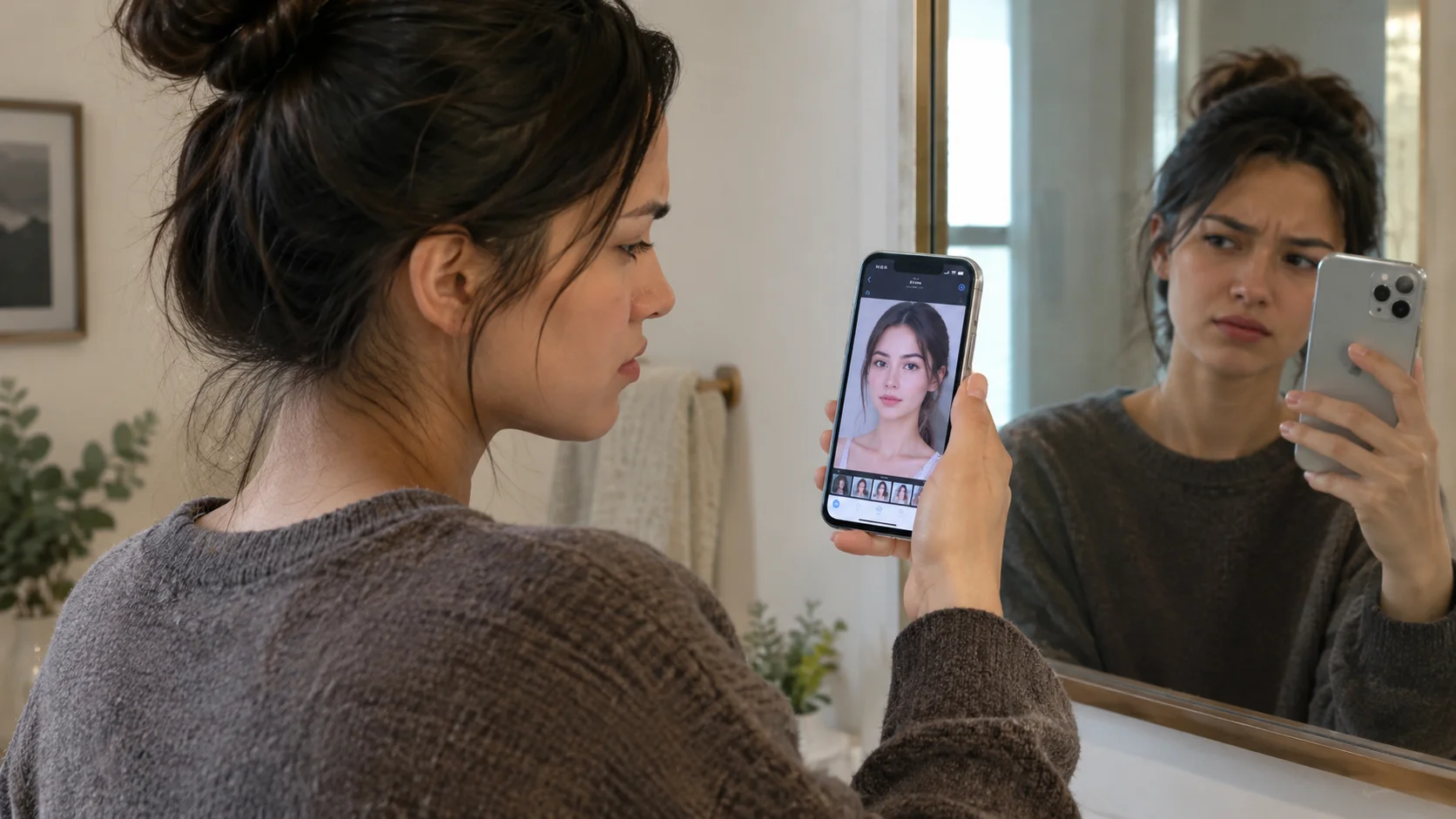 Photograph of a person looking slightly frustrated at their phone screen while holding it up next to a mirror, comparing a photo result