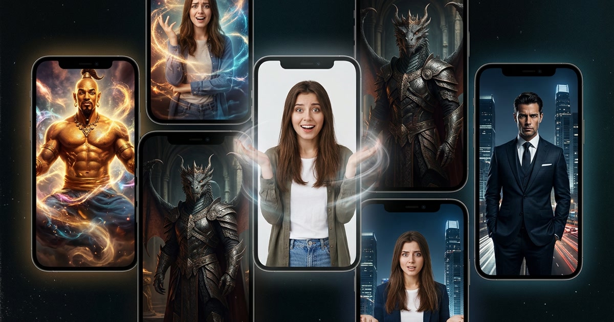 Cinematic collage: vertical phone screens showing dramatic AI short-drama scenes with powerful leads, blended with a clear personal photo being transformed into a matching stylized video role