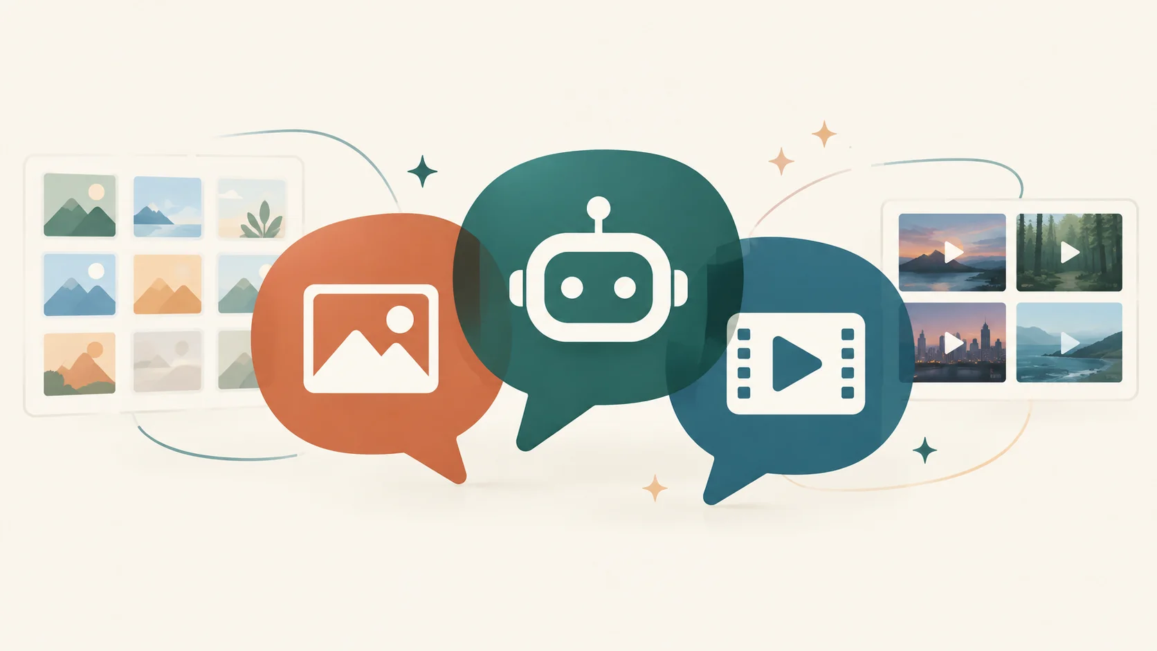 Editorial illustration of three overlapping speech-bubble icons and grid-style image and video frame icons, representing chatbot, image, and video AI tools