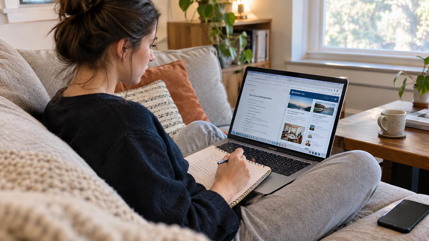 Photograph of a person sitting cross-legged on a couch with a laptop, multiple browser tabs open, taking notes on a notepad